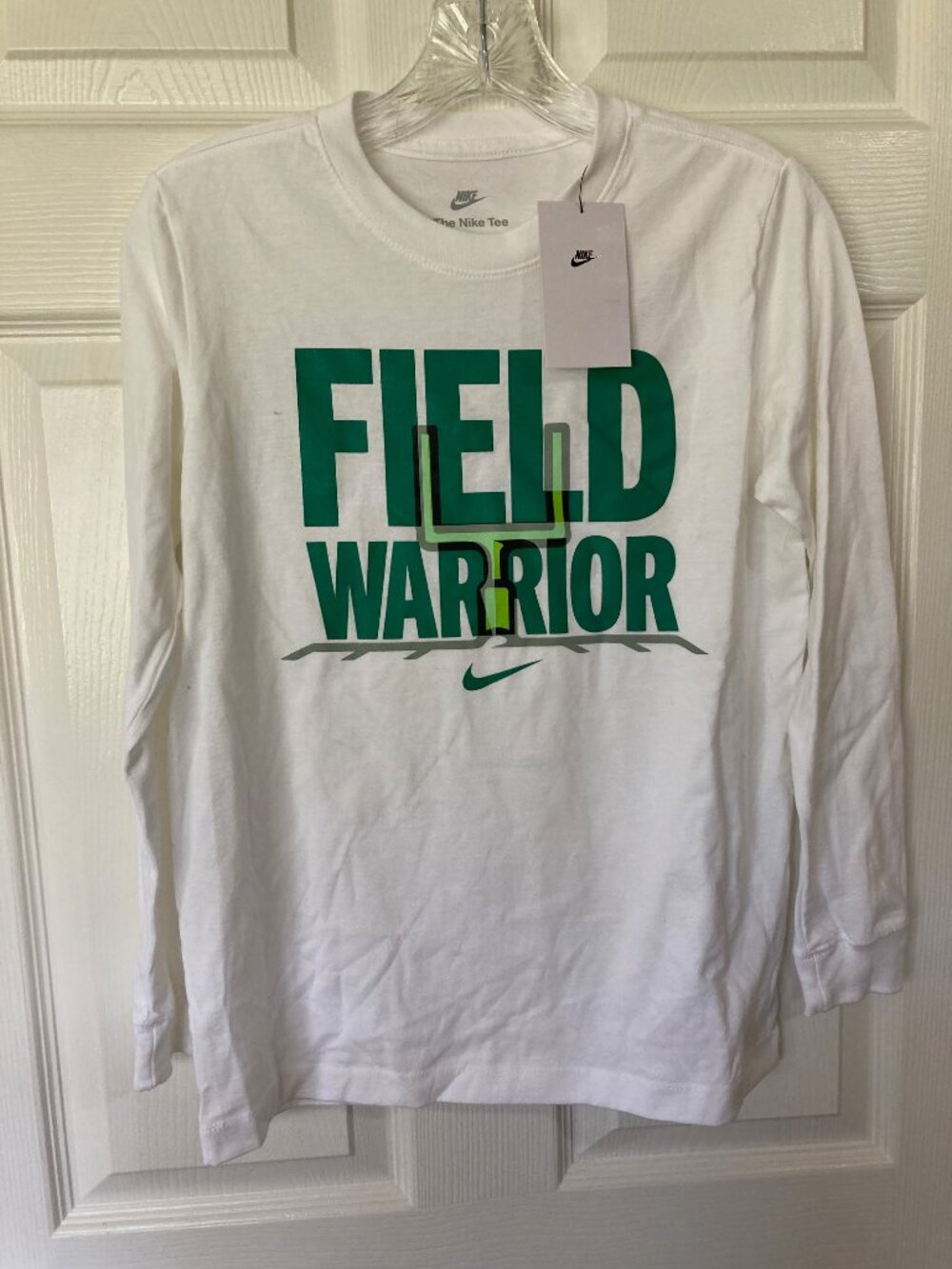 Nike Kids LS White Tee "Field Warrior" L New Cotton Sports Team Player Football